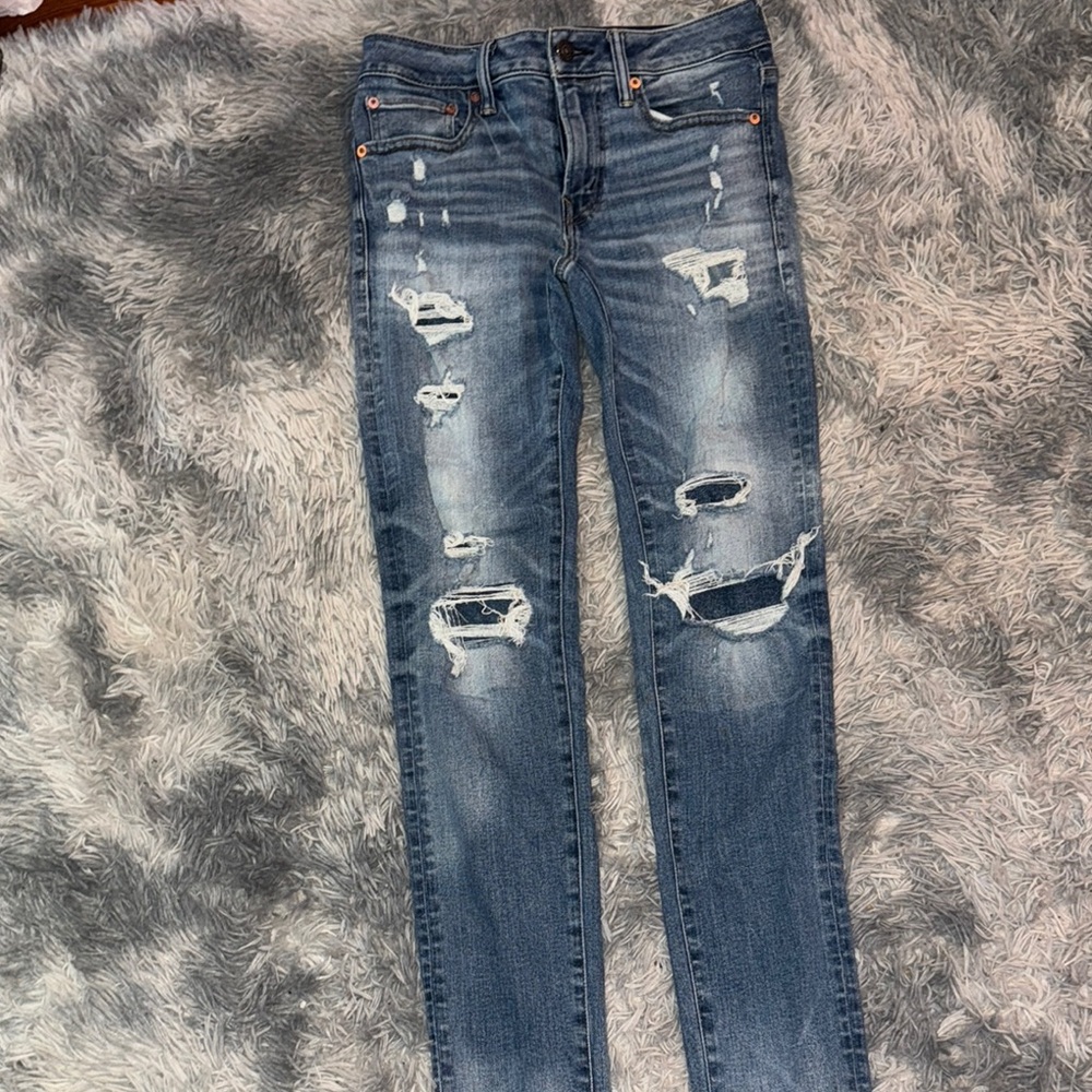 American Eagle Outfitters Blue Skinny Jeans with Distressed Details